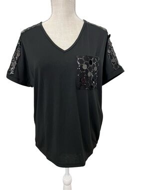 Women's Black V-Neck Tee with Sequin Accent Pocket
